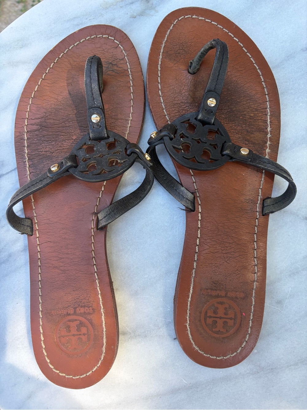 Tory Burch Black Leather Miller Thong Sandals Size 7